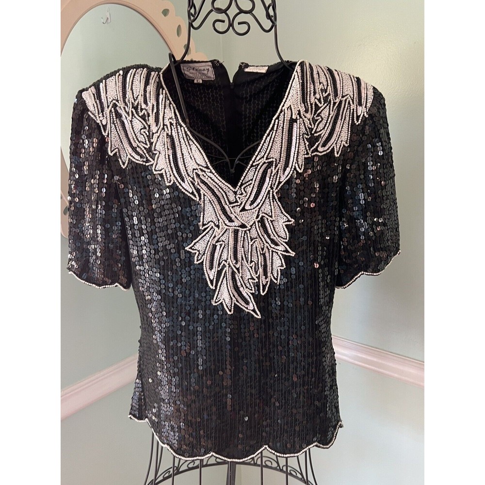Stenay Sequins Motif Black White Short Sleeve Top‎ Shirt Women's L Scalloped Hem